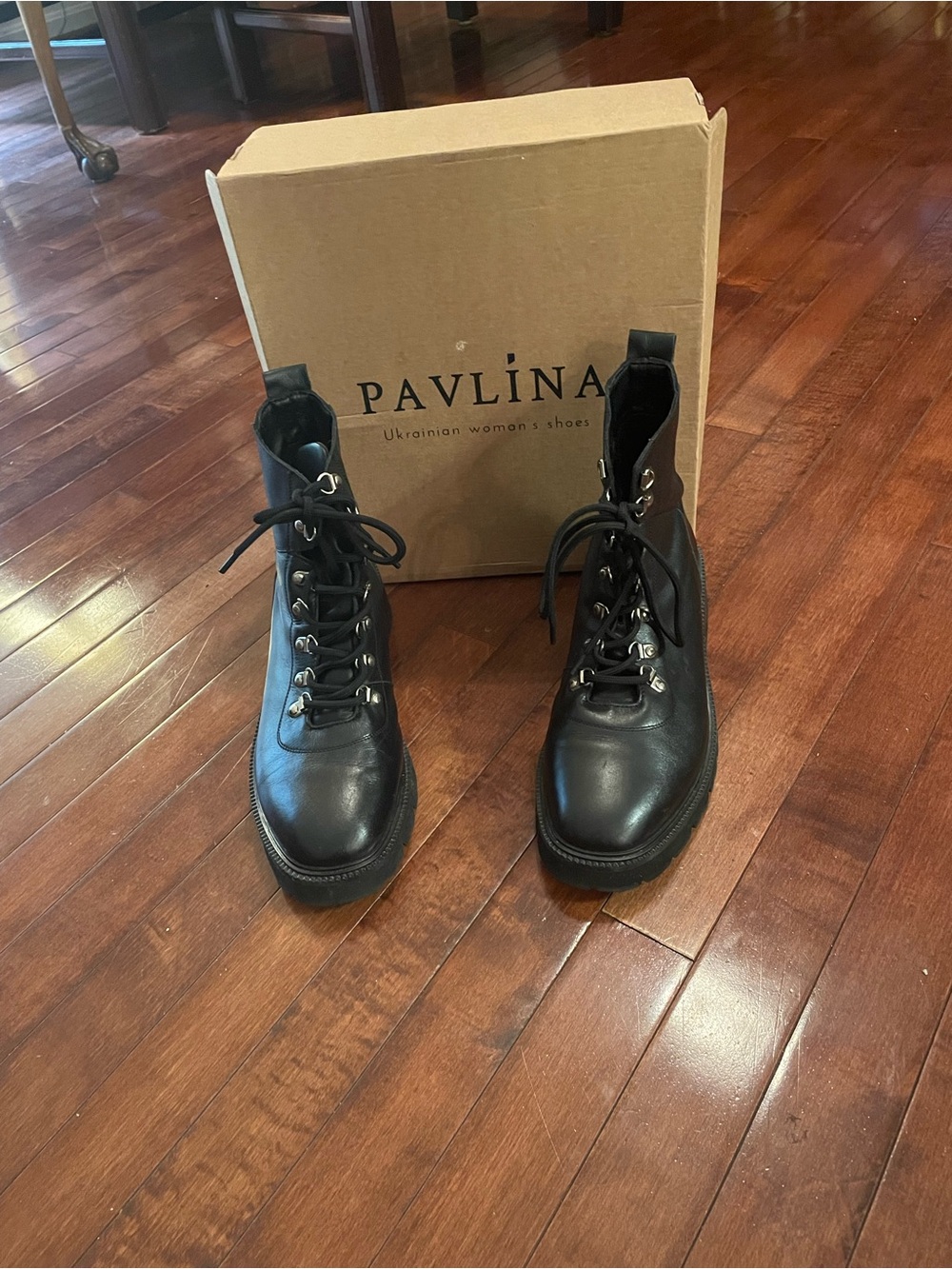 Black Lace-Up Combat Boots with Silver Eyelets and Lug Soles - 10M
